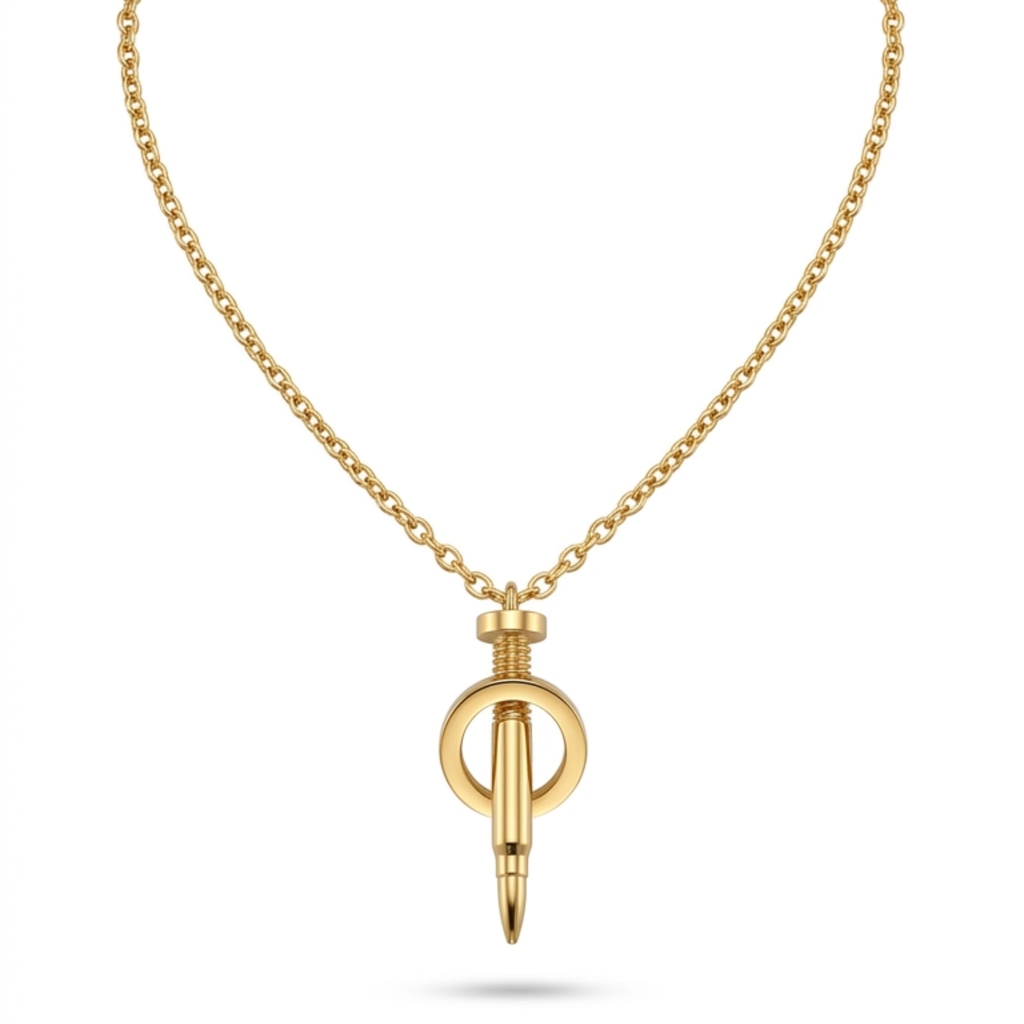 Collar con cadena de eslabones y colgante de diseño industrial en forma de tornillo y aro, bañado en oro de 18k, fabricado en España.