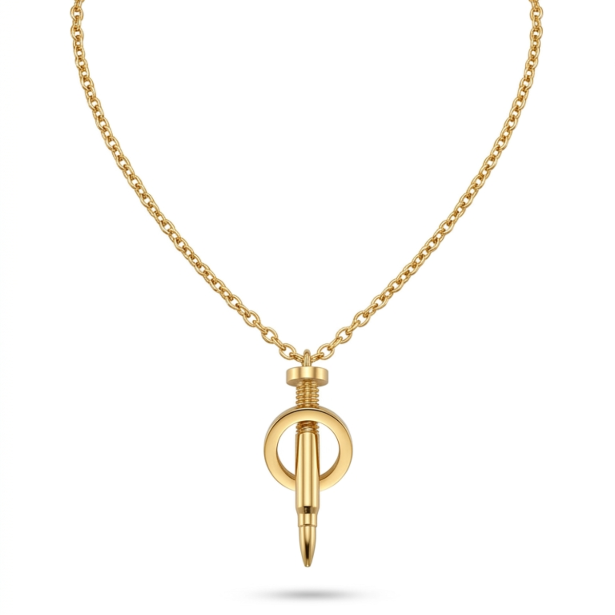 Collar con cadena de eslabones y colgante de diseño industrial en forma de tornillo y aro, bañado en oro de 18k, fabricado en España.