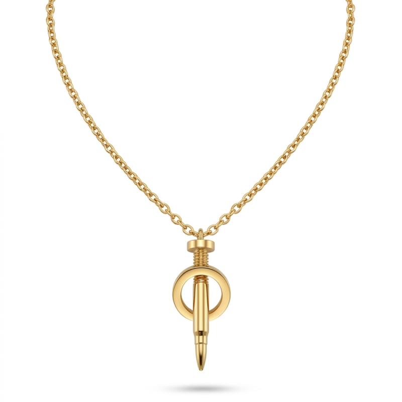Collar con cadena de eslabones y colgante de diseño industrial en forma de tornillo y aro, bañado en oro de 18k, fabricado en España.