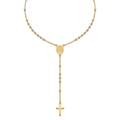 Collar de acero estilo rosario bicolor chapado en oro de 18k con cuentas doradas y plateadas, medalla central de San Benito y cruz minimalista colgante, hecho en España.