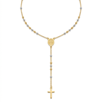 Collar de acero estilo rosario bicolor chapado en oro de 18k con cuentas doradas y plateadas, medalla central de San Benito y cruz minimalista colgante, hecho en España.
