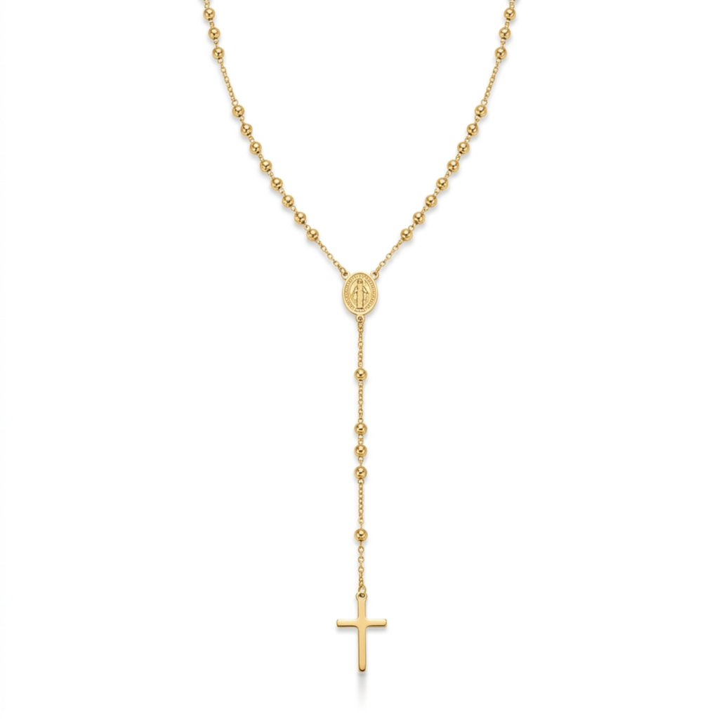 Collar de acero estilo rosario clásico con cuentas de bolitas doradas chapado en oro de 18k, medalla central de la Virgen Milagrosa y cruz minimalista colgante, hecho en España.