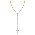 Collar de acero estilo rosario clásico con cuentas de bolitas doradas chapado en oro de 18k, medalla central de la Virgen Milagrosa y cruz minimalista colgante, hecho en España.