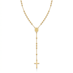 Collar de acero estilo rosario clásico con cuentas de bolitas doradas chapado en oro de 18k, medalla central de la Virgen Milagrosa y cruz minimalista colgante, hecho en España.