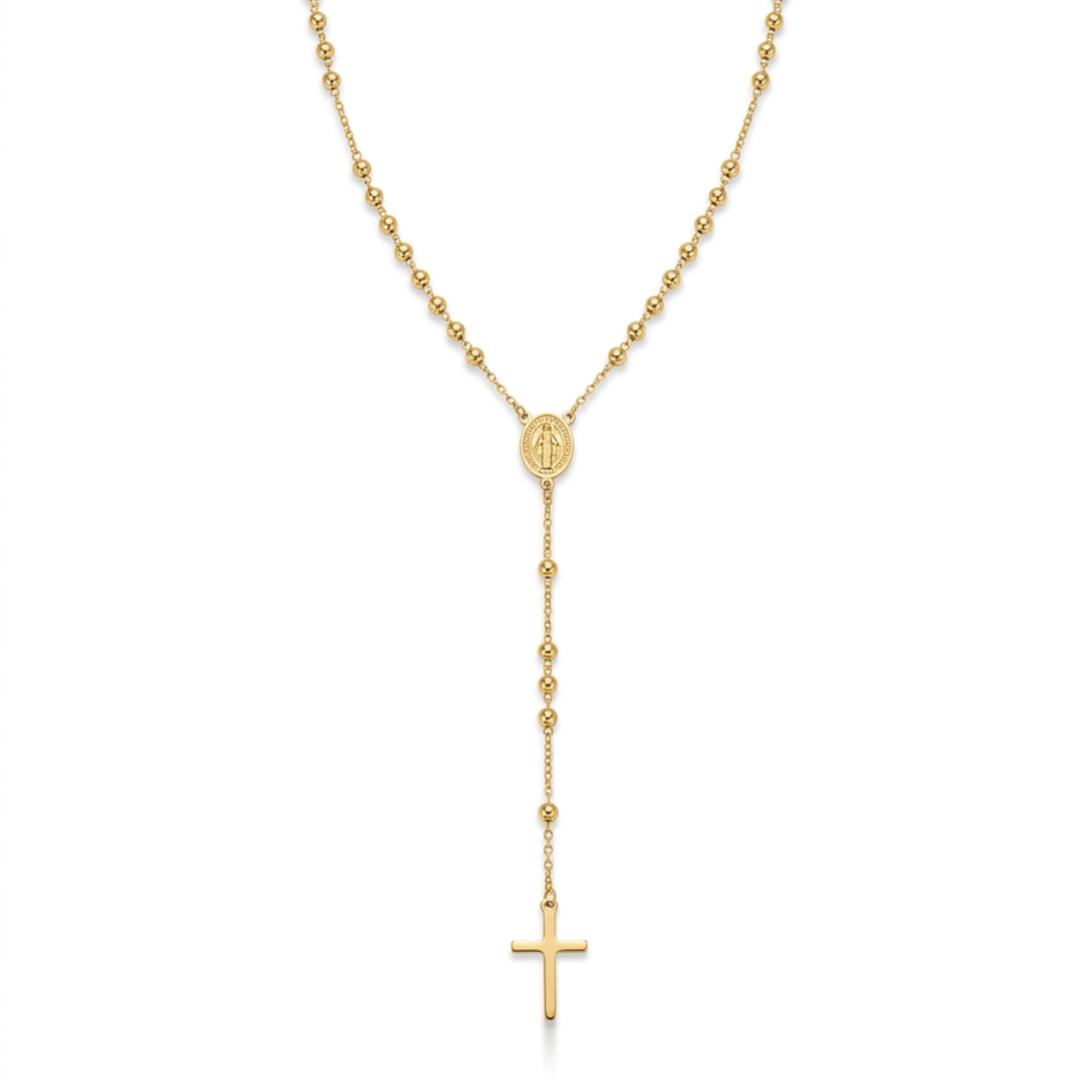 Collar de acero estilo rosario clásico con cuentas de bolitas doradas chapado en oro de 18k, medalla central de la Virgen Milagrosa y cruz minimalista colgante, hecho en España.
