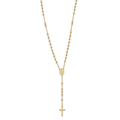 Collar de acero estilo rosario con cuentas de bolitas doradas chapado en oro de 18k, con medalla central de la Virgen y cruz minimalista colgante, hecho en España.