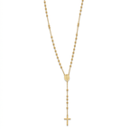 Collar de acero estilo rosario con cuentas de bolitas doradas chapado en oro de 18k, con medalla central de la Virgen y cruz minimalista colgante, hecho en España.