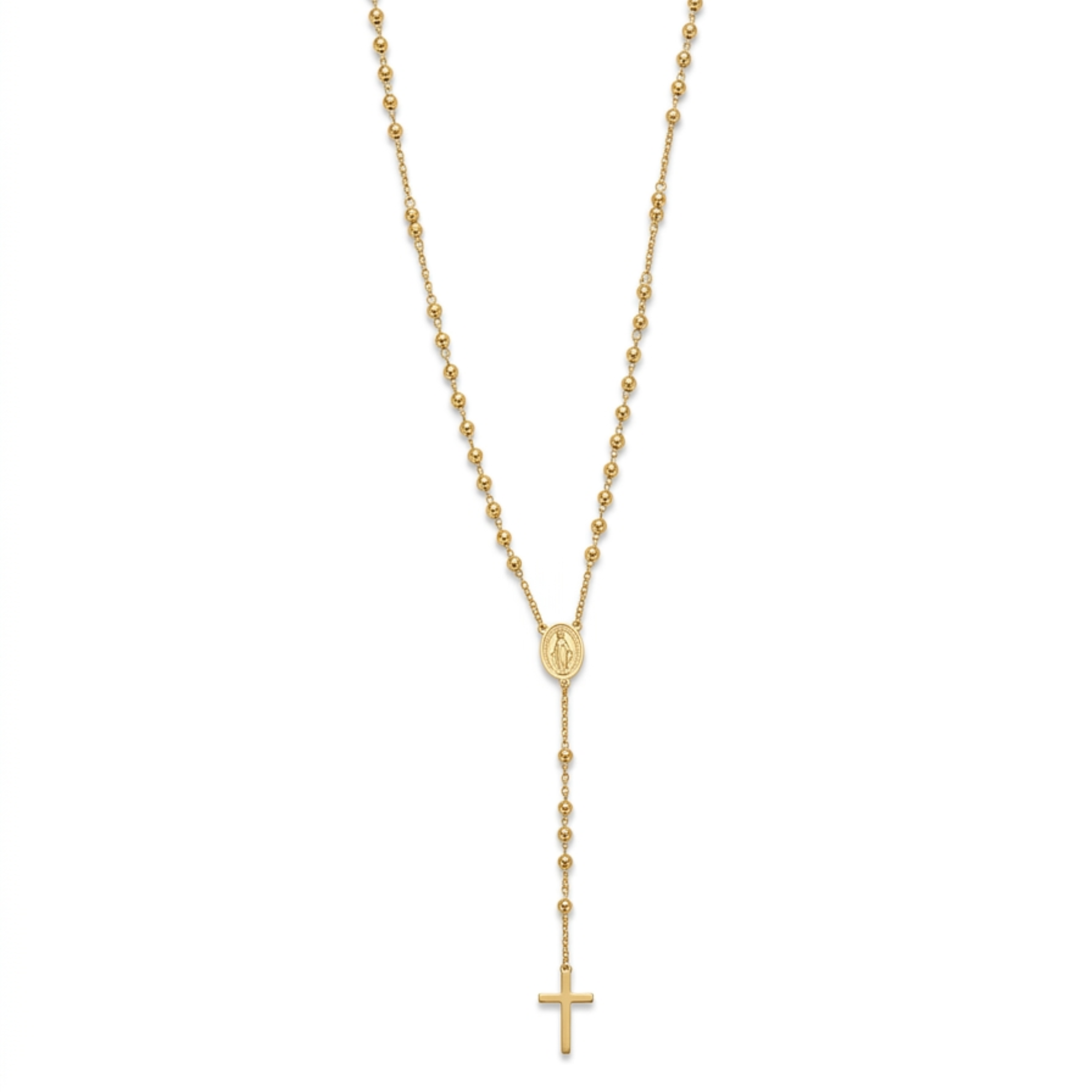 Collar de acero estilo rosario con cuentas de bolitas doradas chapado en oro de 18k, con medalla central de la Virgen y cruz minimalista colgante, hecho en España.