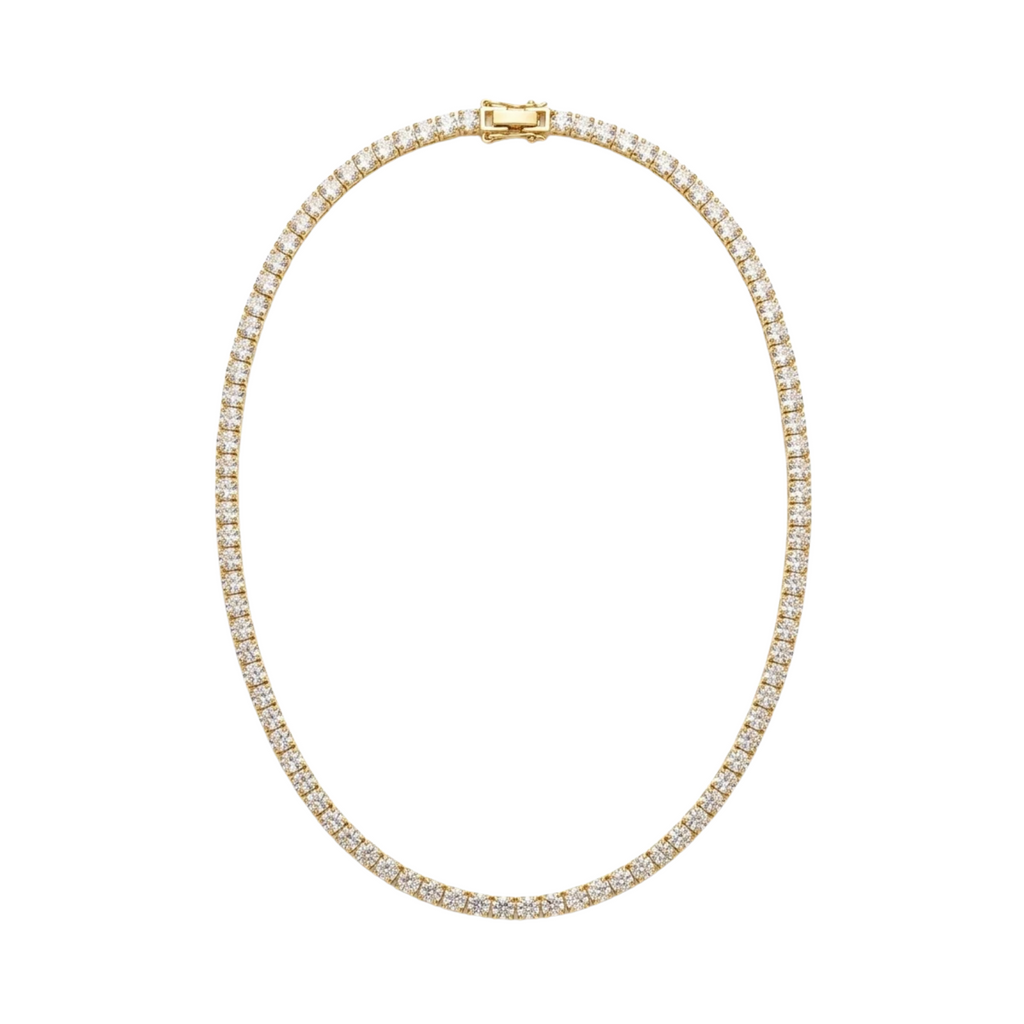 Collar de estilo tennis dorado engastado con hilera continua de circonitas brillantes[cite: 29], con laminado en oro premium 18K PVD hecho en España.