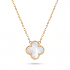 Collar elegante con baño de oro de 18 quilates, cadena ajustable y colgante en forma de trébol con centro de nácar blanco. Joyería fina fabricada en España.