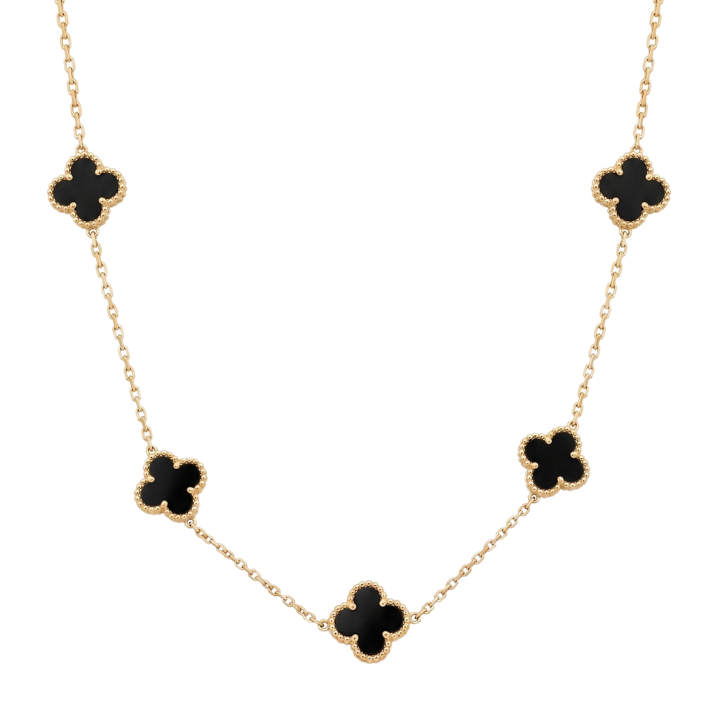 Collar para mujer con cinco motivos de trébol en color negro y acero con baño de oro 18K. Joyería elegante de estilo clásico fabricada en Bélgica.