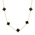 Collar para mujer con cinco motivos de trébol en color negro y acero con baño de oro 18K. Joyería elegante de estilo clásico fabricada en Bélgica.