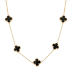 Collar para mujer con cinco motivos de trébol en color negro y acero con baño de oro 18K. Joyería elegante de estilo clásico fabricada en Bélgica.