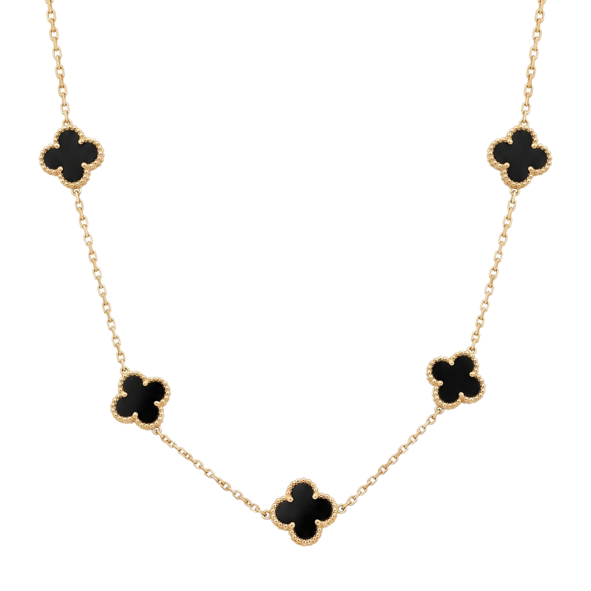 Collar para mujer con cinco motivos de trébol en color negro y acero con baño de oro 18K. Joyería elegante de estilo clásico fabricada en Bélgica.