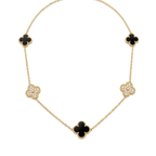 Collar de cadena en acero bañado en oro de 18K PVD con cinco tréboles alternados en ónix negro y pavé de circonitas, hecho en Egipto.
