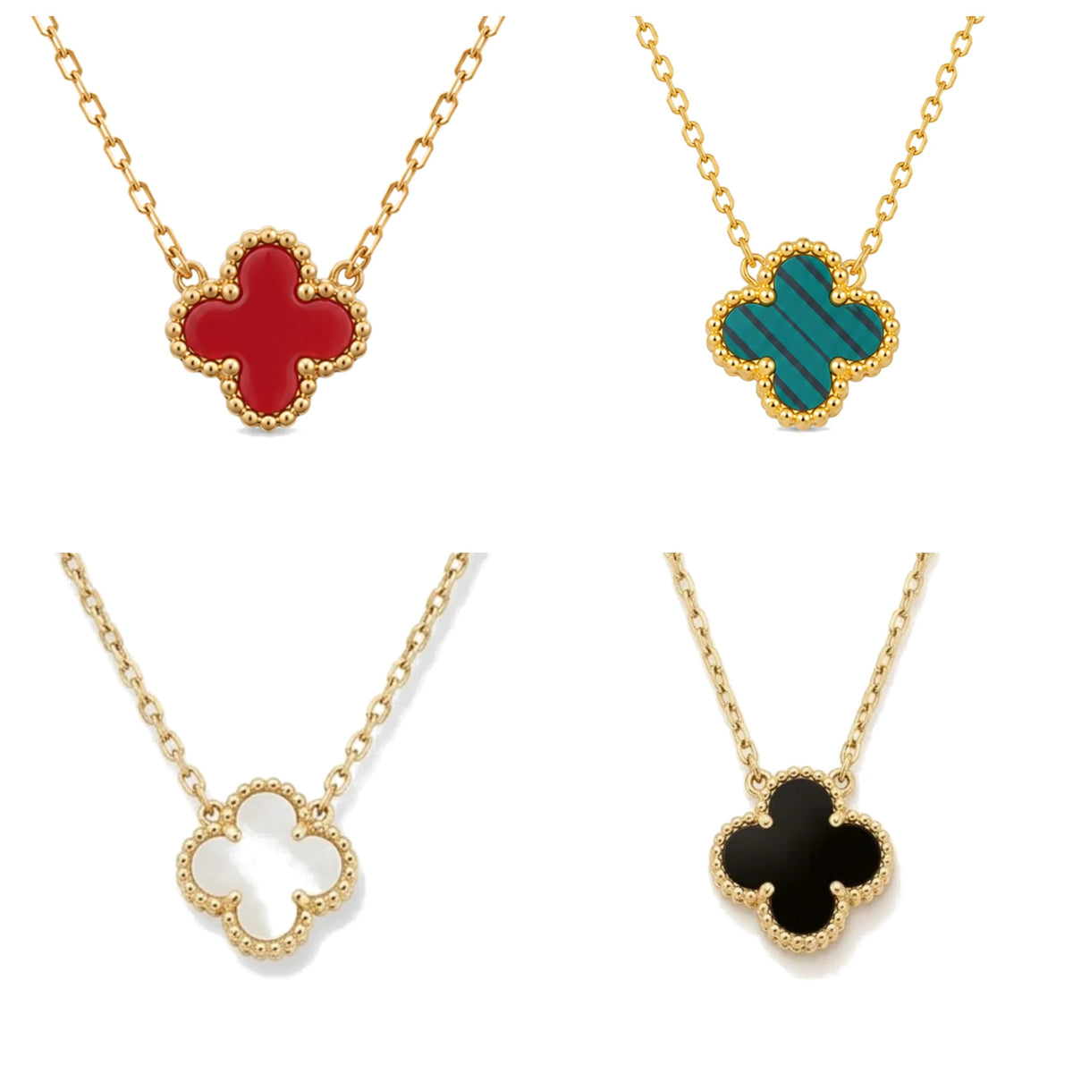 Collar Trèfle Signature en cuatro colores: rojo, verde, nácar y negro, trébol de cuatro hojas en oro 18K PVD