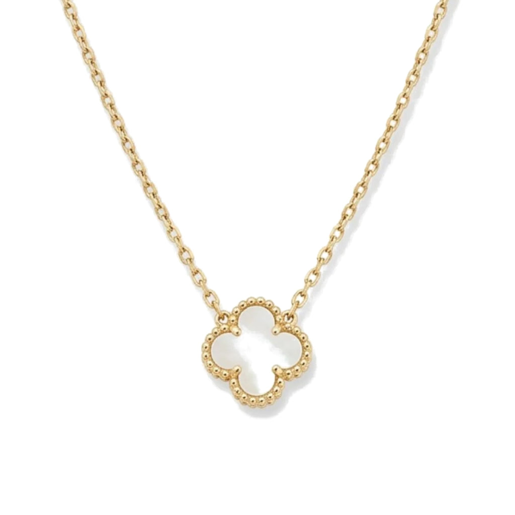 Collar Trèfle Signature nácar: trébol de cuatro hojas de nácar blanco con borde perlado en oro 18K PVD
