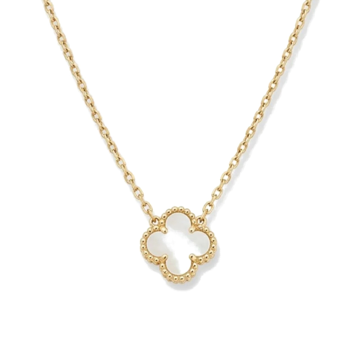 Collar Trèfle Signature nácar: trébol de cuatro hojas de nácar blanco con borde perlado en oro 18K PVD