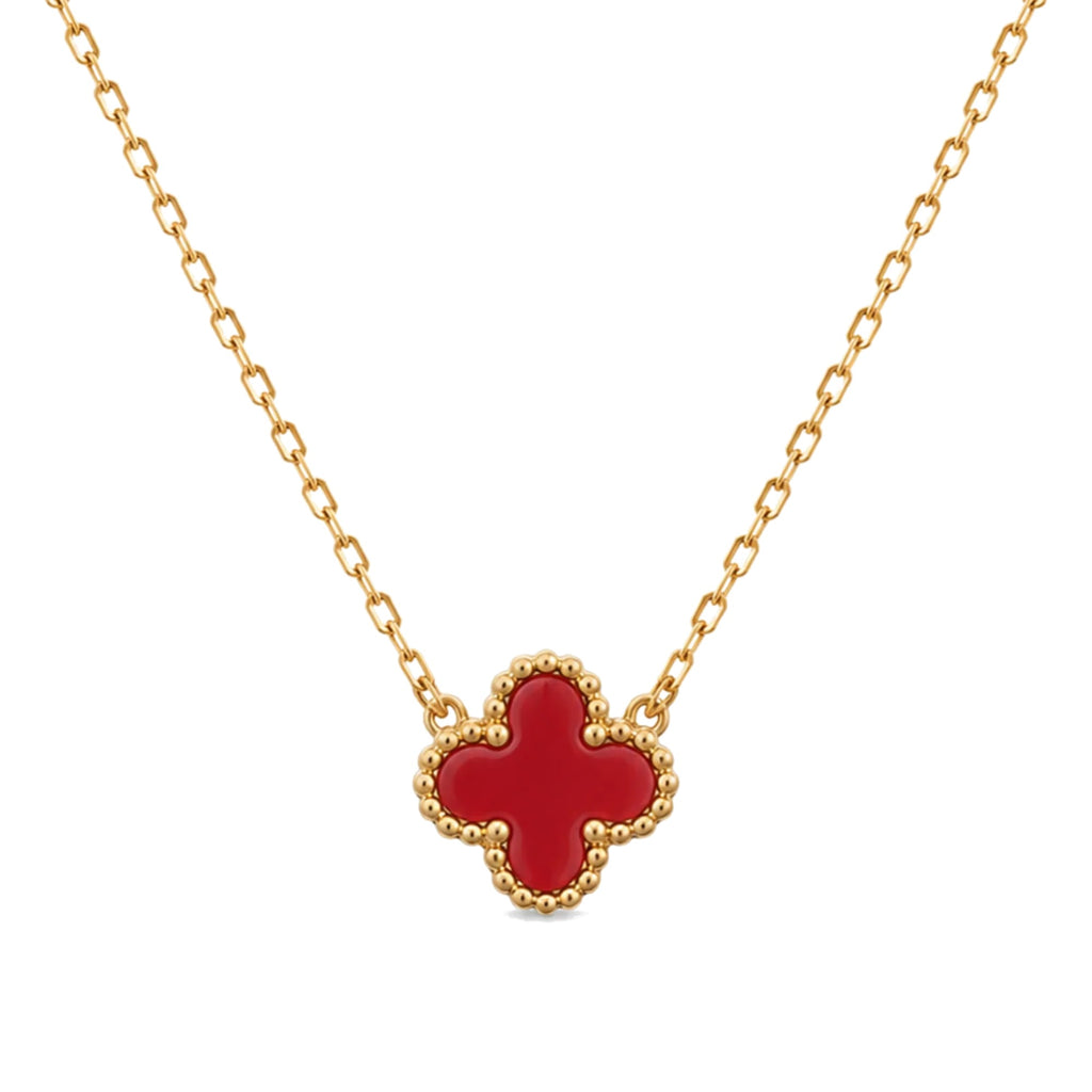 Collar Trèfle Signature rojo: trébol de cuatro hojas rojo con borde perlado en oro 18K PVD