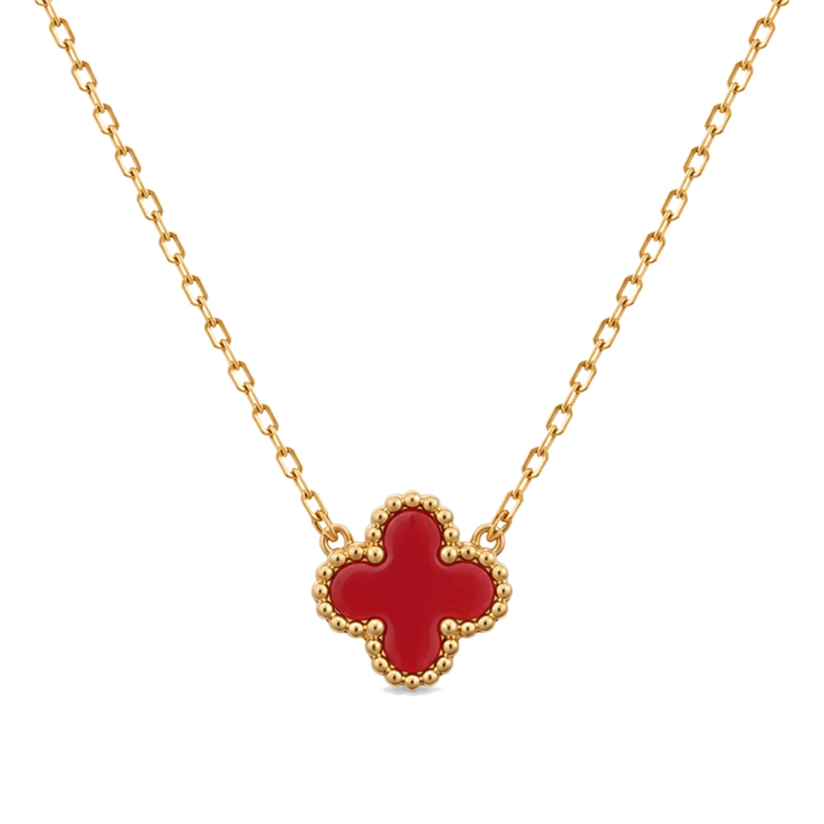 Collar Trèfle Signature rojo: trébol de cuatro hojas rojo con borde perlado en oro 18K PVD