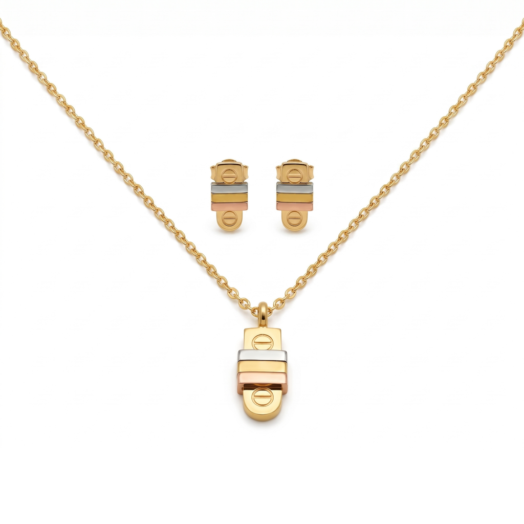 Juego de collar con colgante y pendientes de acero bañado en oro 18K PVD tricolor hecho en España