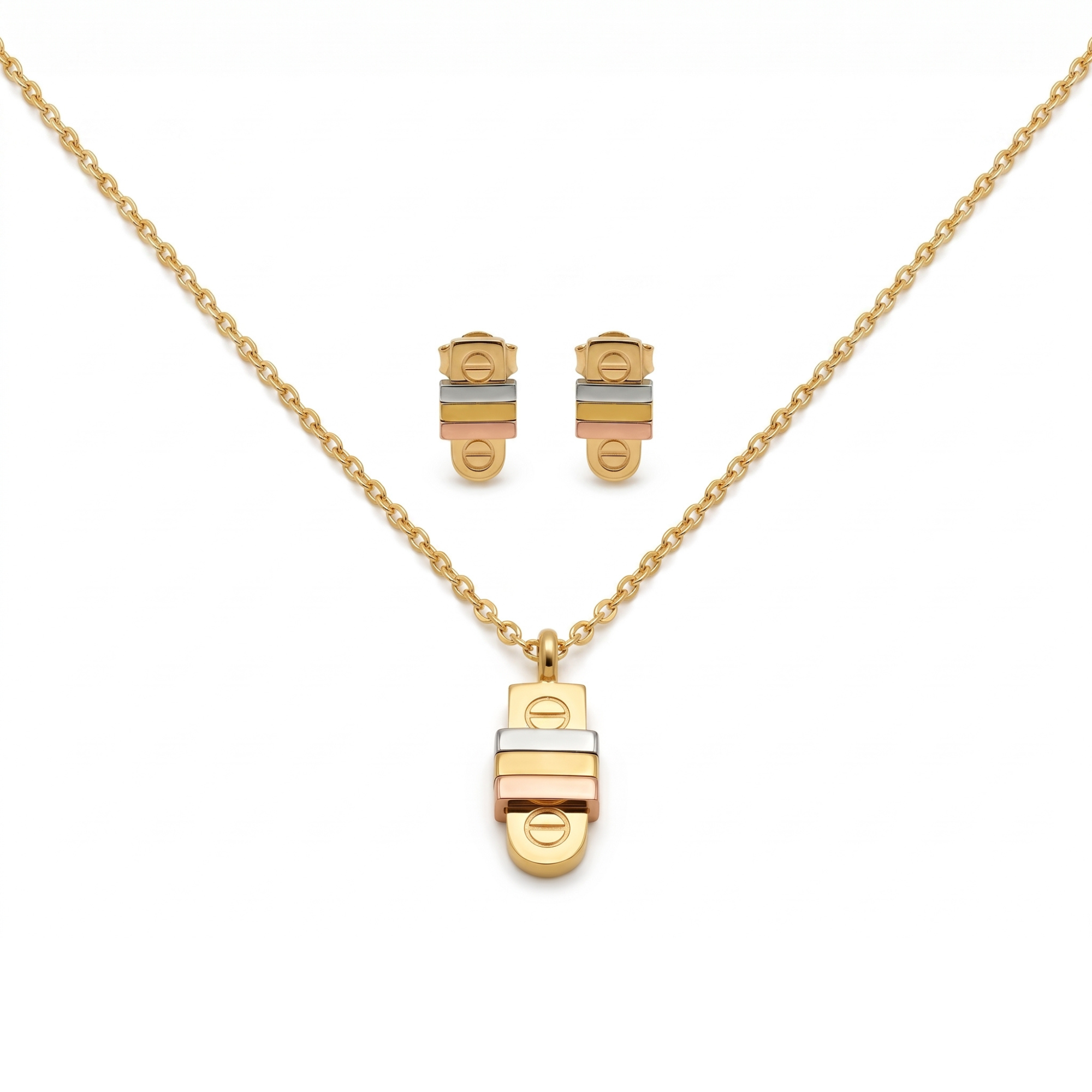 Juego de collar con colgante y pendientes de acero bañado en oro 18K PVD tricolor hecho en España