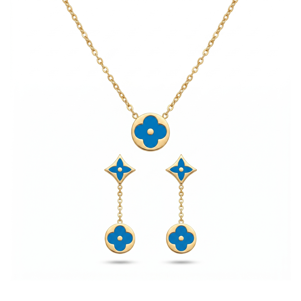 Conjunto de collar y pendientes colgantes en acero inoxidable con baño de oro 18k y esmalte azul turquesa hecho en España.