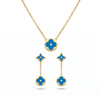 Conjunto de collar y pendientes colgantes en acero inoxidable con baño de oro 18k y esmalte azul turquesa hecho en España.