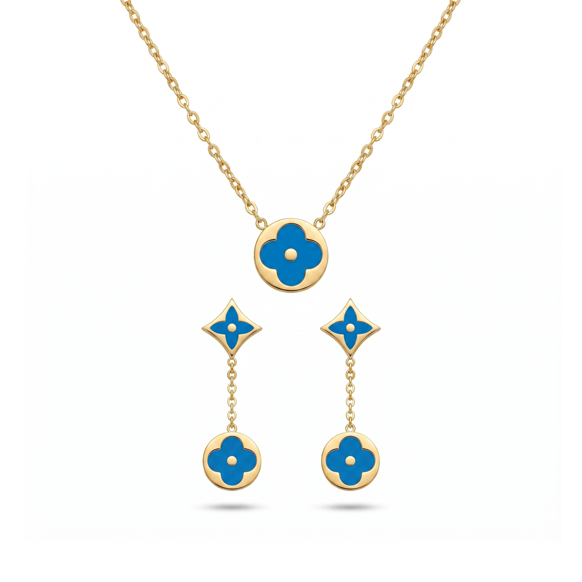 Conjunto de collar y pendientes colgantes en acero inoxidable con baño de oro 18k y esmalte azul turquesa hecho en España.