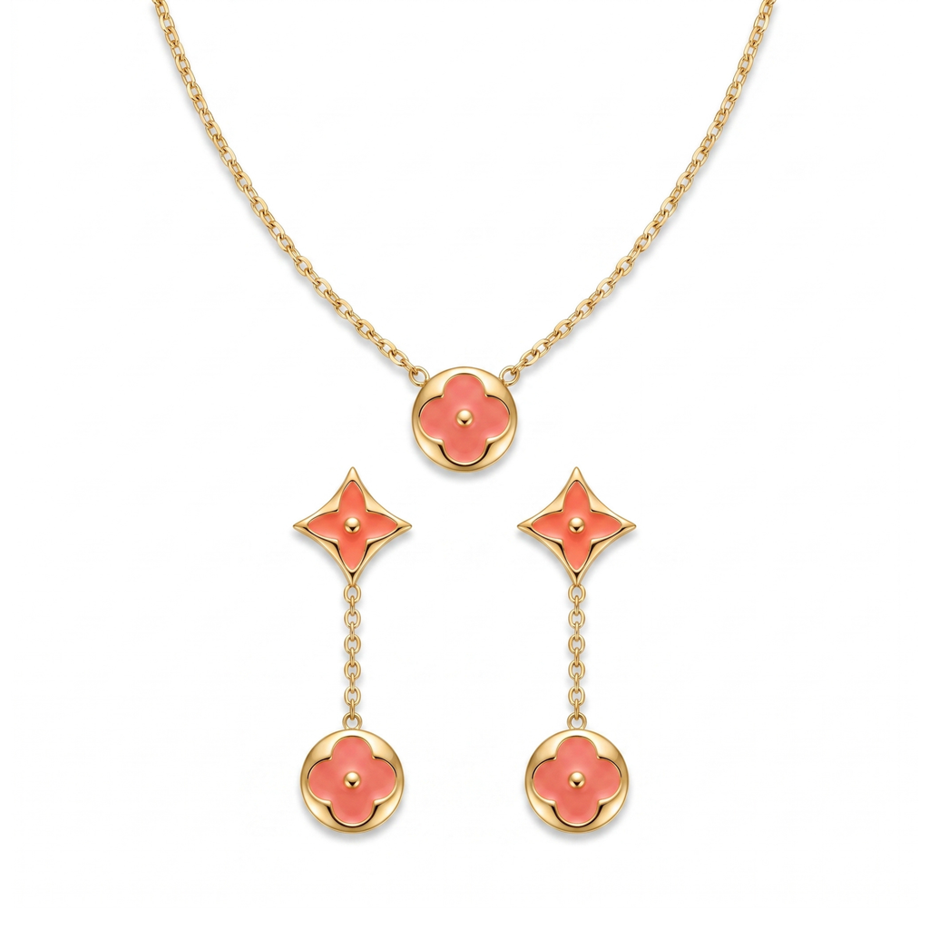 Conjunto de collar y pendientes colgantes en acero inoxidable con baño de oro 18K y esmalte color coral hecho en España.
