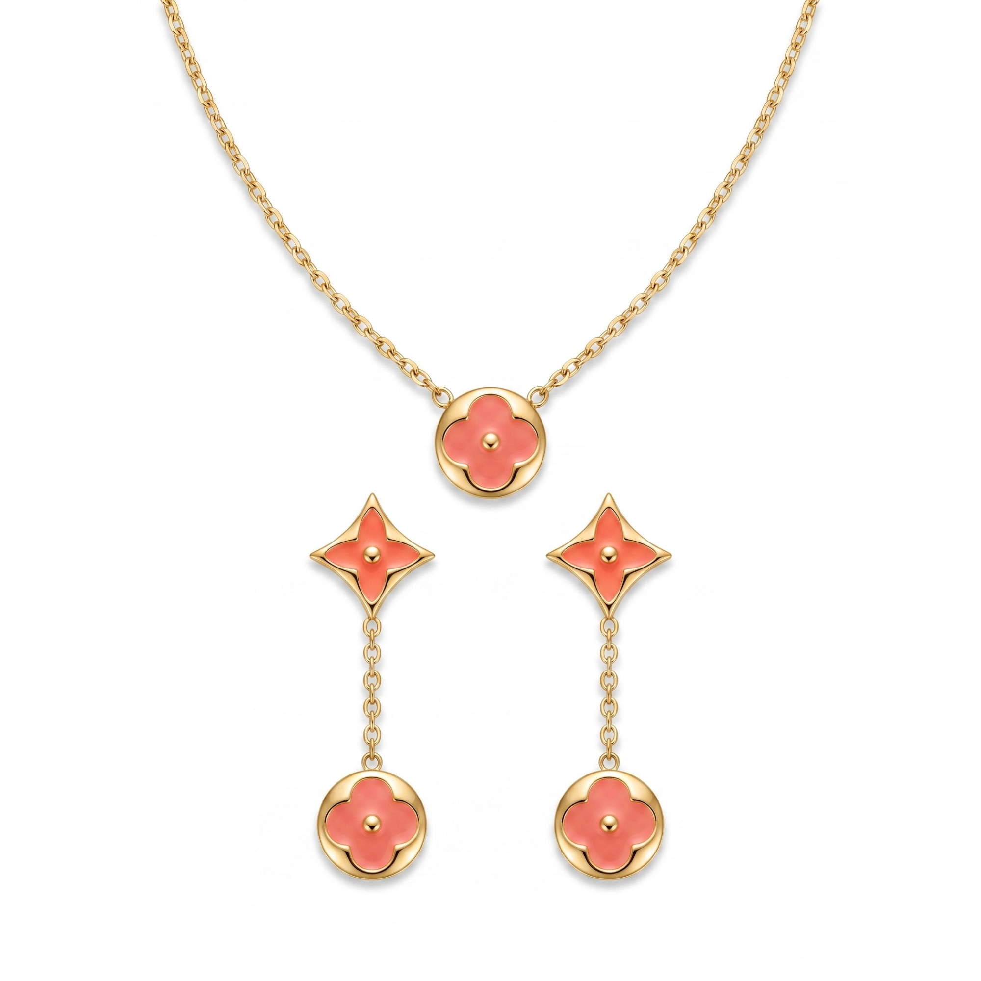Conjunto de collar y pendientes colgantes en acero inoxidable con baño de oro 18K y esmalte color coral hecho en España.