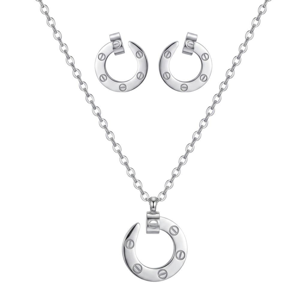 Conjunto de collar y pendientes de acero inoxidable 100% con baño de oro de 18k PVD en forma de clavo, hecho en España.