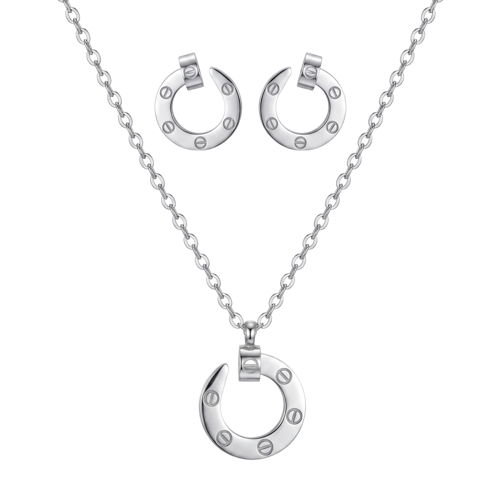 Conjunto de collar y pendientes de acero inoxidable 100% con baño de oro de 18k PVD en forma de clavo, hecho en España.