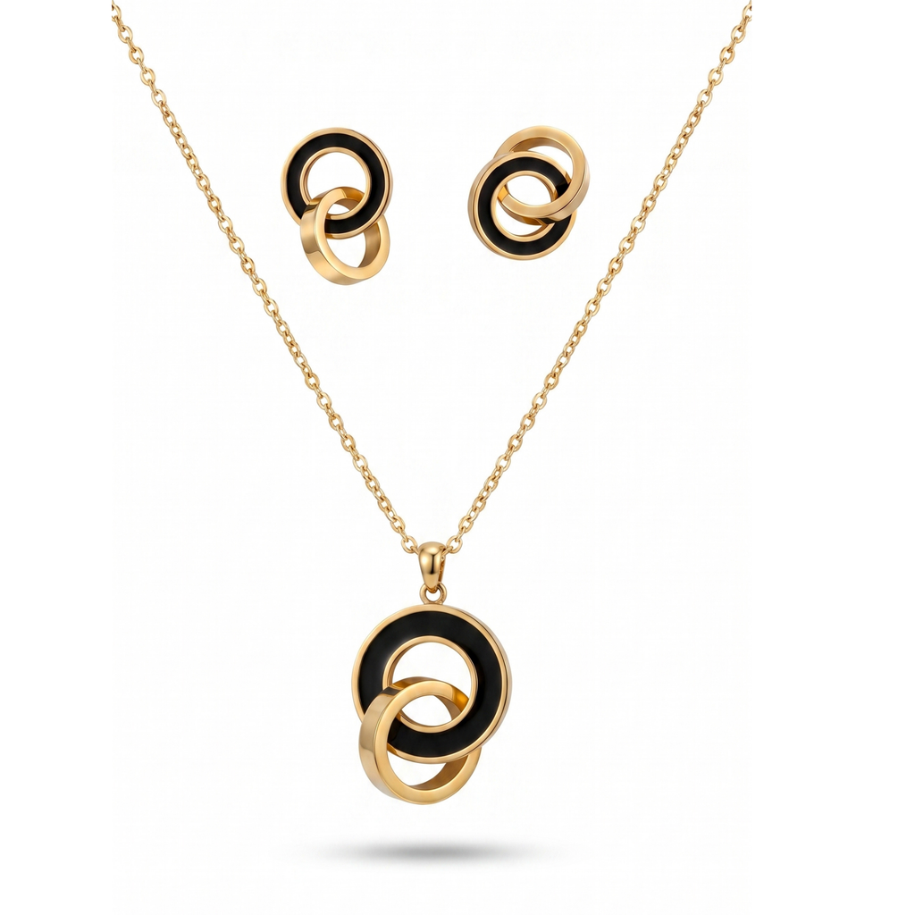Conjunto de collar y pendientes de acero inoxidable 100% con aros entrelazados bañados en oro de 18k PVD y detalle negro, hecho en Francia.