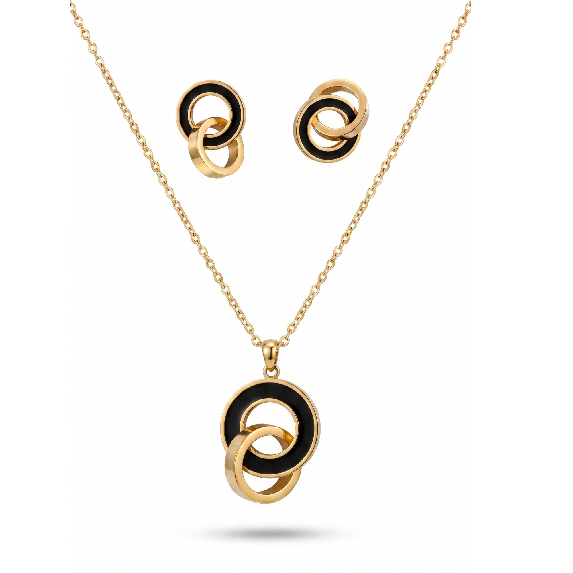 Conjunto de collar y pendientes de acero inoxidable 100% con aros entrelazados bañados en oro de 18k PVD y detalle negro, hecho en Francia.