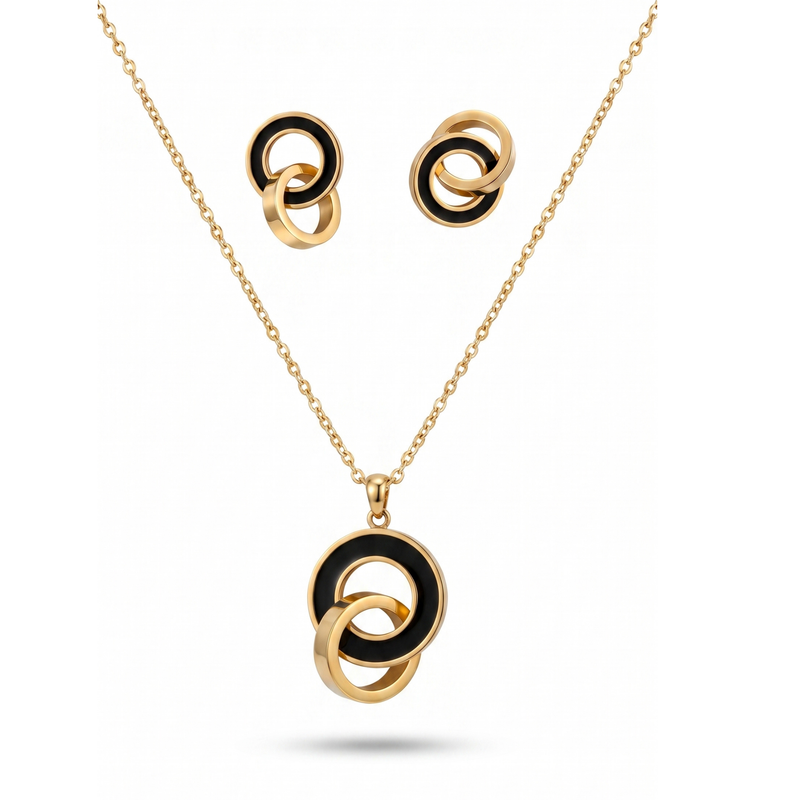 Conjunto de collar y pendientes de acero inoxidable 100% con aros entrelazados bañados en oro de 18k PVD y detalle negro, hecho en Francia.