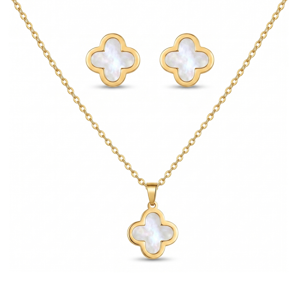 Conjunto de collar y pendientes de acero inoxidable 100% bañado en oro de 18k PVD con diseño de trébol y nácar blanco, hecho en España.