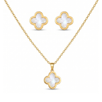 Conjunto de collar y pendientes de acero inoxidable 100% bañado en oro de 18k PVD con diseño de trébol y nácar blanco, hecho en España.