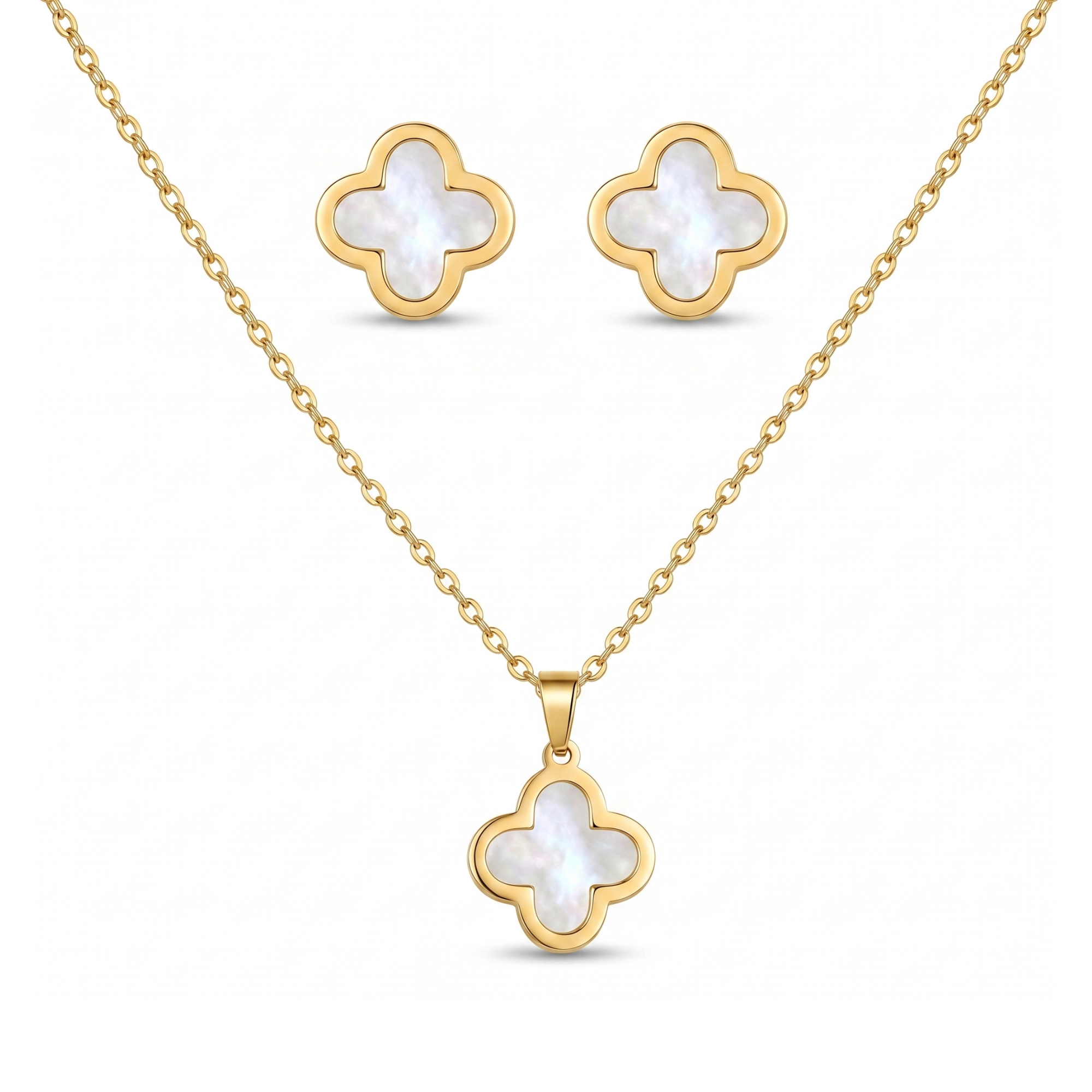 Conjunto de collar y pendientes de acero inoxidable 100% bañado en oro de 18k PVD con diseño de trébol y nácar blanco, hecho en España.