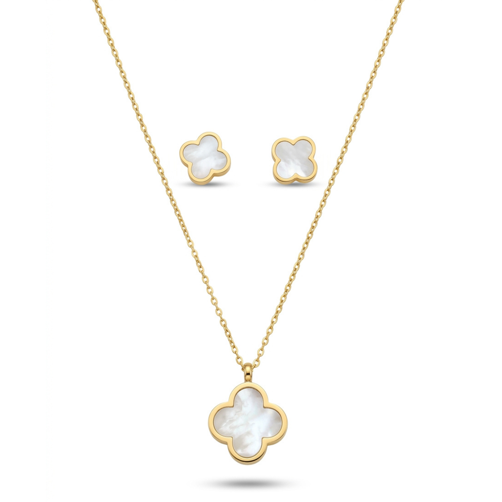 Conjunto de collar y pendientes de acero inoxidable 100% bañado en oro de 18k PVD con motivo de flor en nácar blanco, hecho en España.