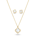 Conjunto de collar y pendientes de acero inoxidable 100% bañado en oro de 18k PVD con motivo de flor en nácar blanco, hecho en España.
