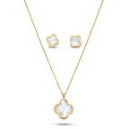Conjunto de collar y pendientes de acero inoxidable 100% bañado en oro de 18k PVD con motivo de flor en nácar blanco, hecho en España.