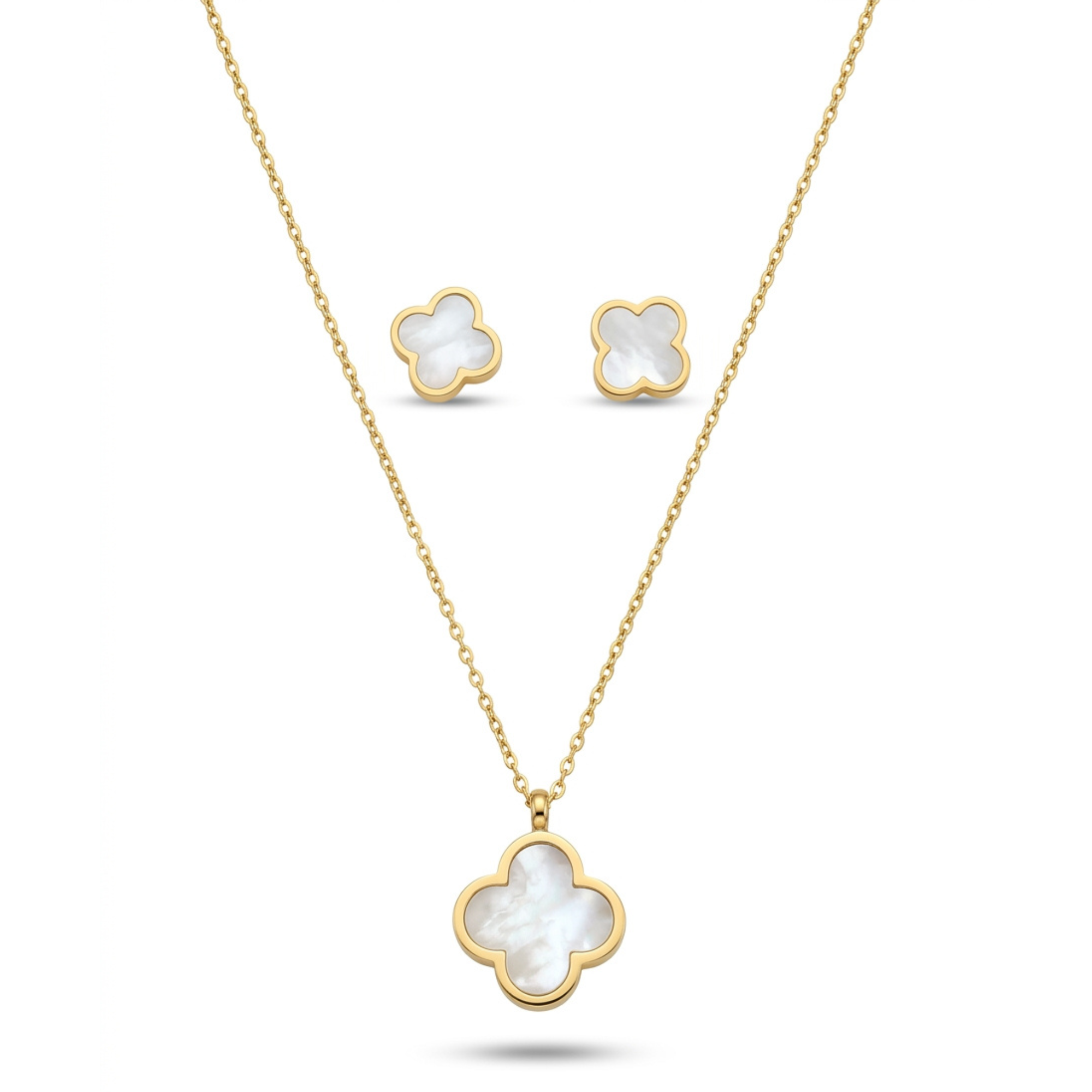 Conjunto de collar y pendientes de acero inoxidable 100% bañado en oro de 18k PVD con motivo de flor en nácar blanco, hecho en España.