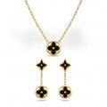Conjunto de collar y pendientes colgantes con motivo floral de esmalte negro en acero bañado en oro 18K PVD hecho en España