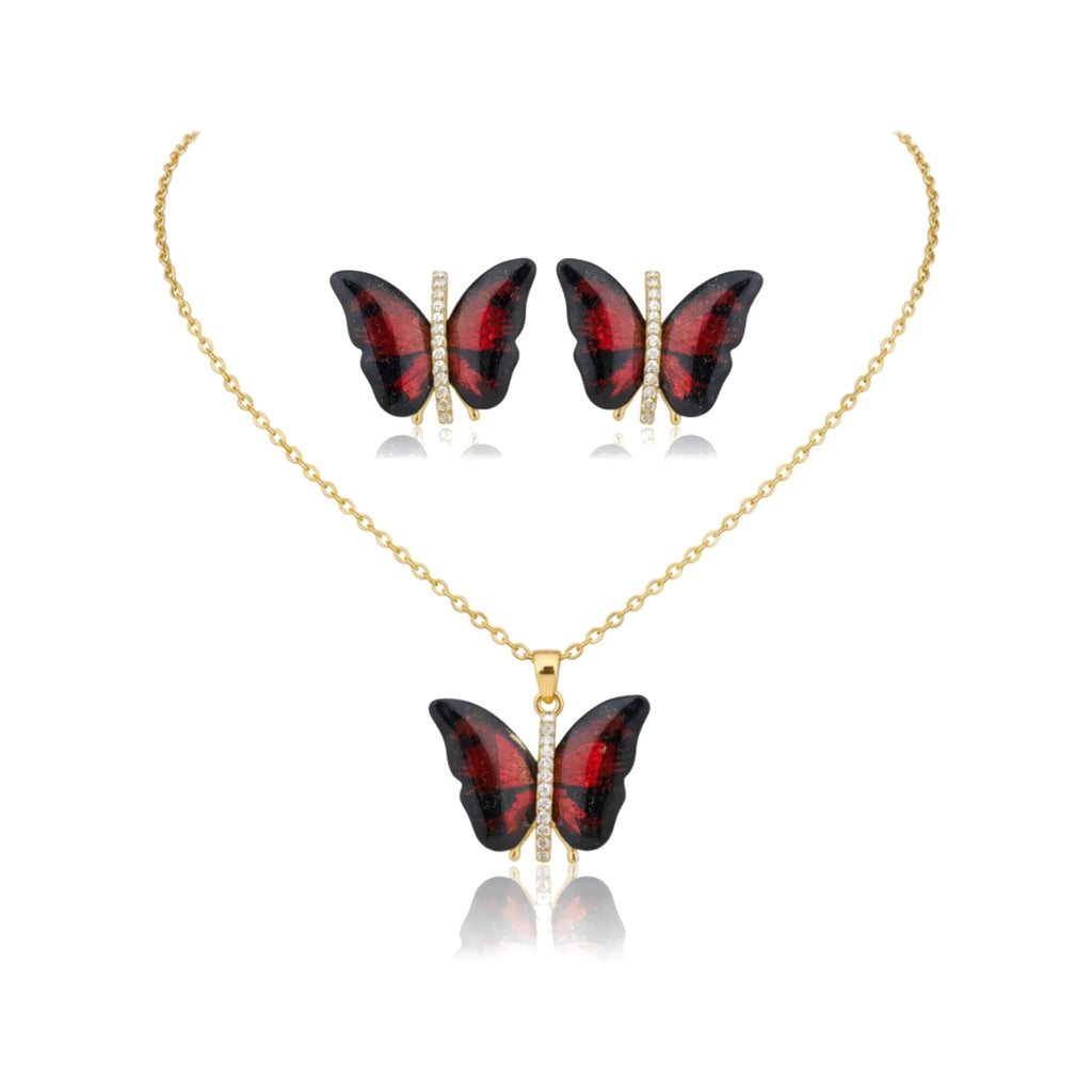 Conjunto Papillon Enchanté rojo: collar y pendientes de mariposa esmaltada en rojo con circonitas