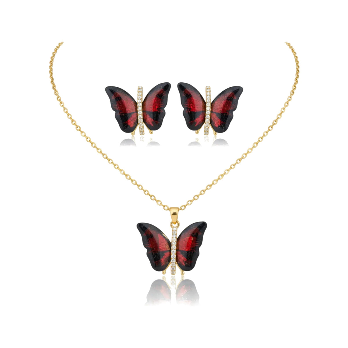 Conjunto Papillon Enchanté rojo: collar y pendientes de mariposa esmaltada en rojo con circonitas
