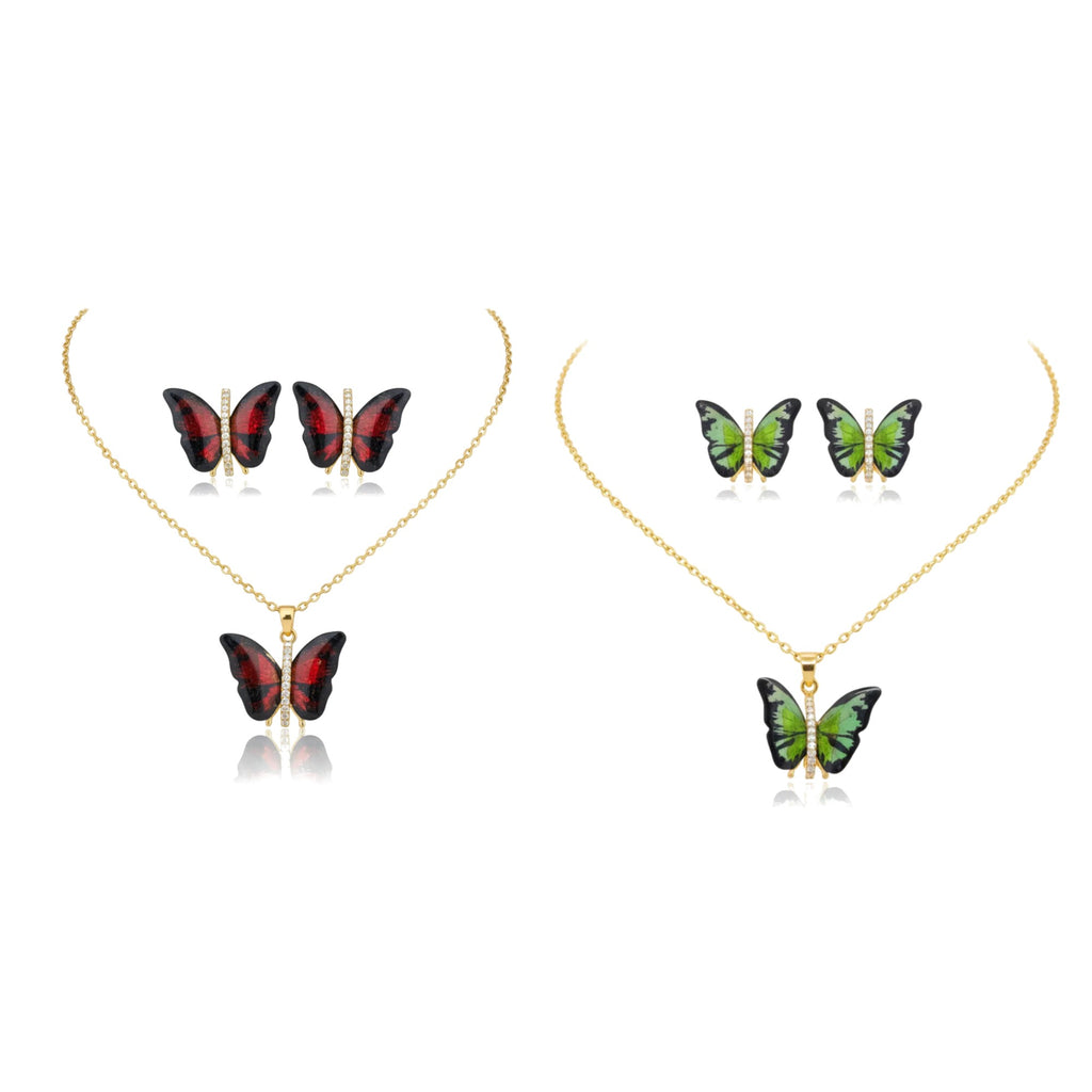 Conjunto Papillon Enchanté en rojo y en verde: collar y pendientes de mariposa con circonitas, oro 18K