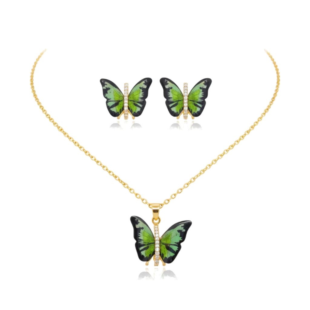 Conjunto Papillon Enchanté verde: collar y pendientes de mariposa esmaltada en verde con circonitas