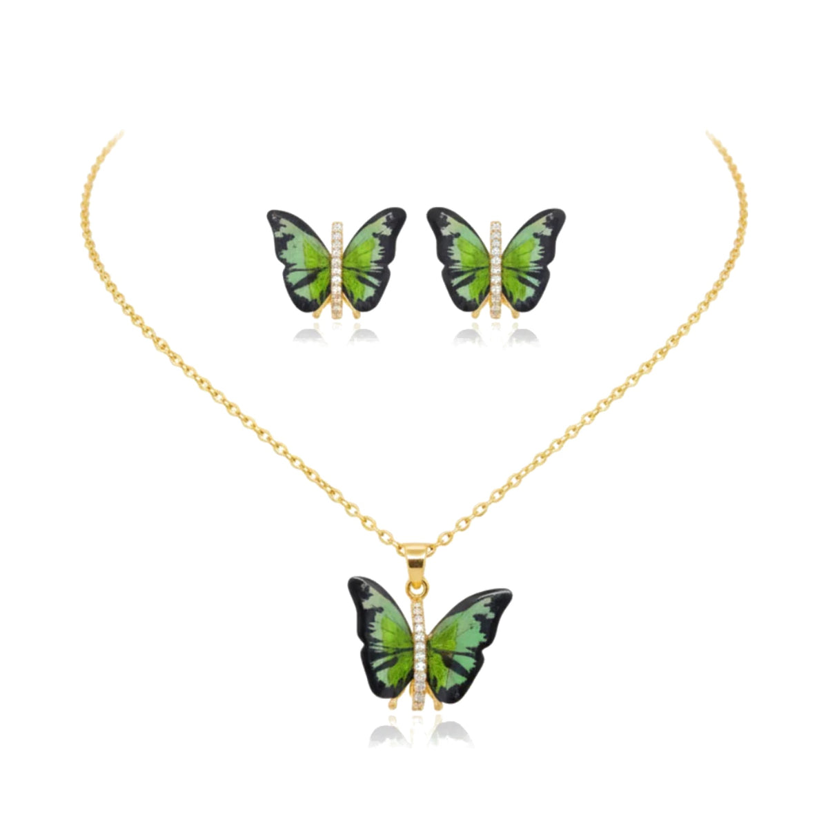 Conjunto Papillon Enchanté verde: collar y pendientes de mariposa esmaltada en verde con circonitas