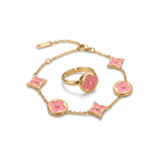 Conjunto de pulsera y anillo ajustable en acero inoxidable bañado en oro 18k con esmalte rosa y motivos florales hecho en España.